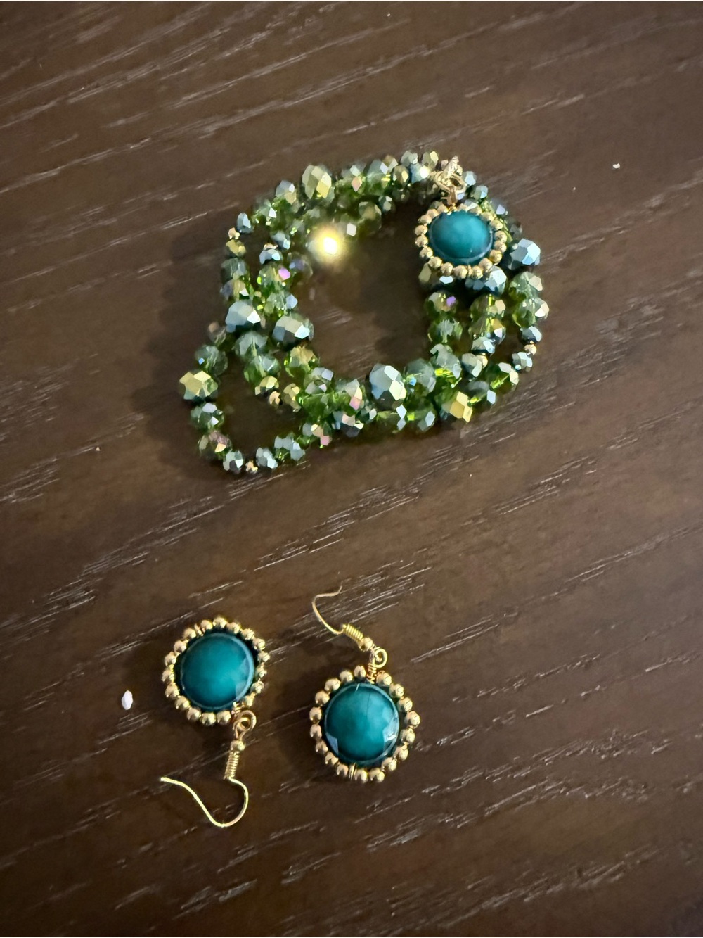 Gold-Tone Turquoise Cabochon Earrings and Green Beaded Bracelet Set
